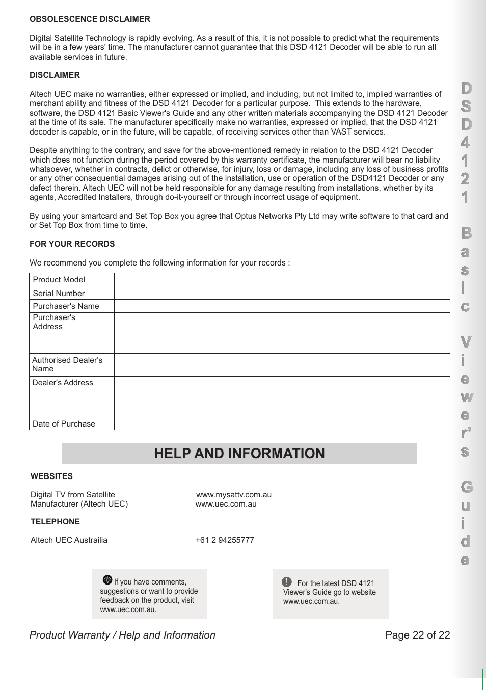 Help and information | Altech UEC DSD4121RV User Manual | Page 23 / 23