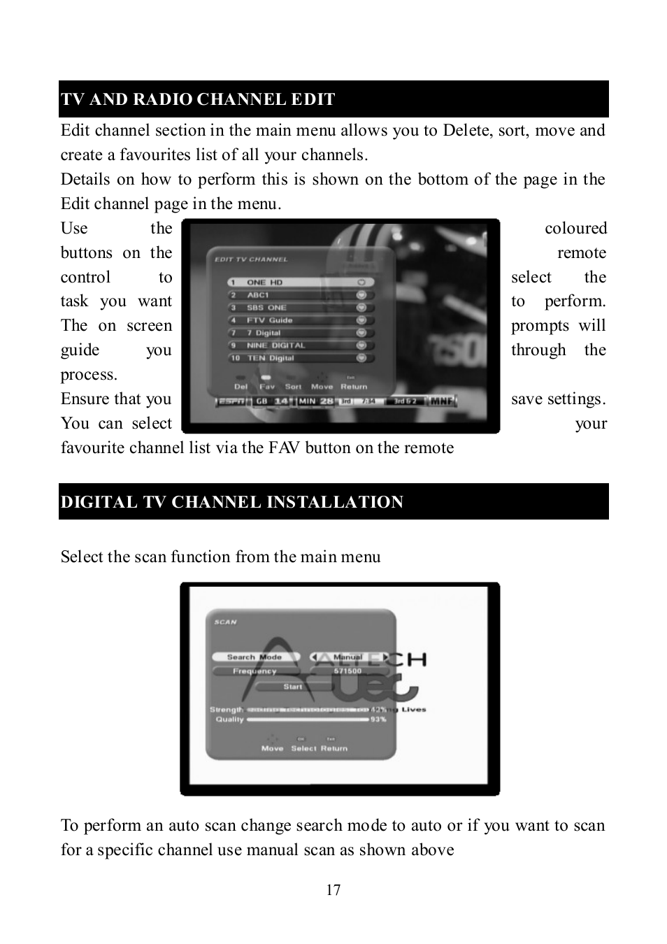 Tv and radio channel edit, Digital tv channel installation | Altech UEC DT 3900 User Manual | Page 17 / 27