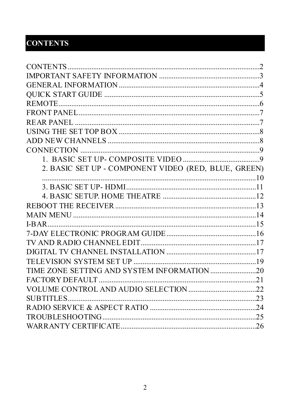 Contents contents, Important safety information, General information | Quick start guide, Remote, Front panel, Rear panel, Using the set top box, Add new channels, Connection | Altech UEC DT 3900 User Manual | Page 2 / 27