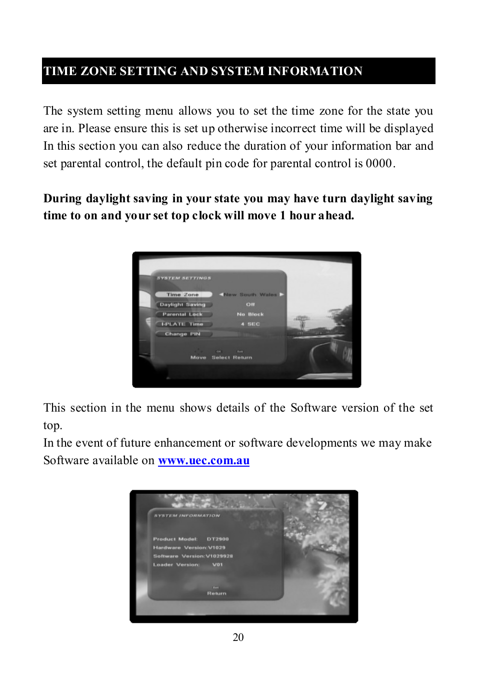 Time zone setting and system information | Altech UEC DT 3900 User Manual | Page 20 / 27