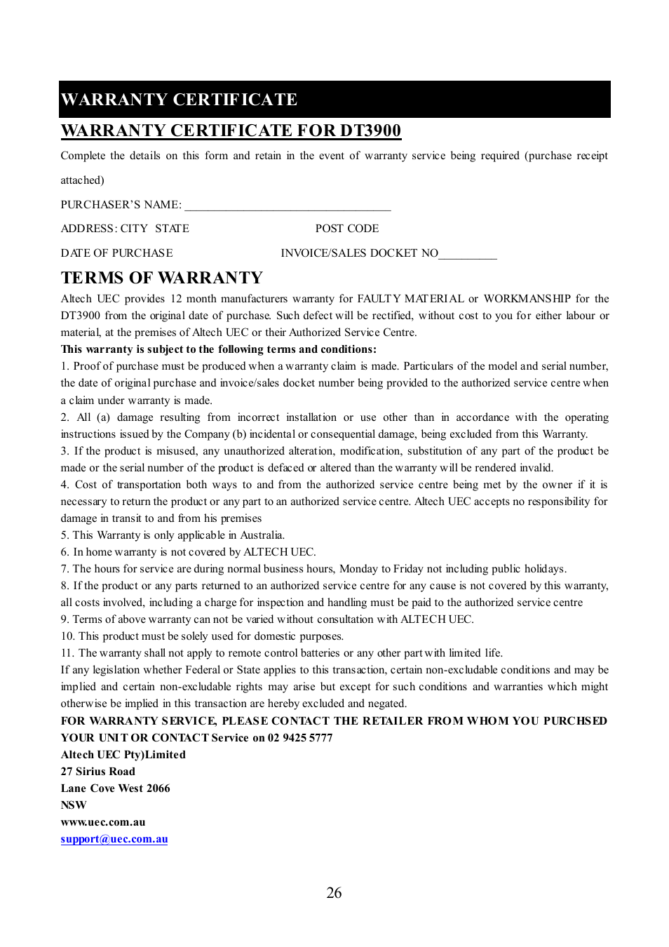 Warranty certificate, Terms of warranty | Altech UEC DT 3900 User Manual | Page 26 / 27