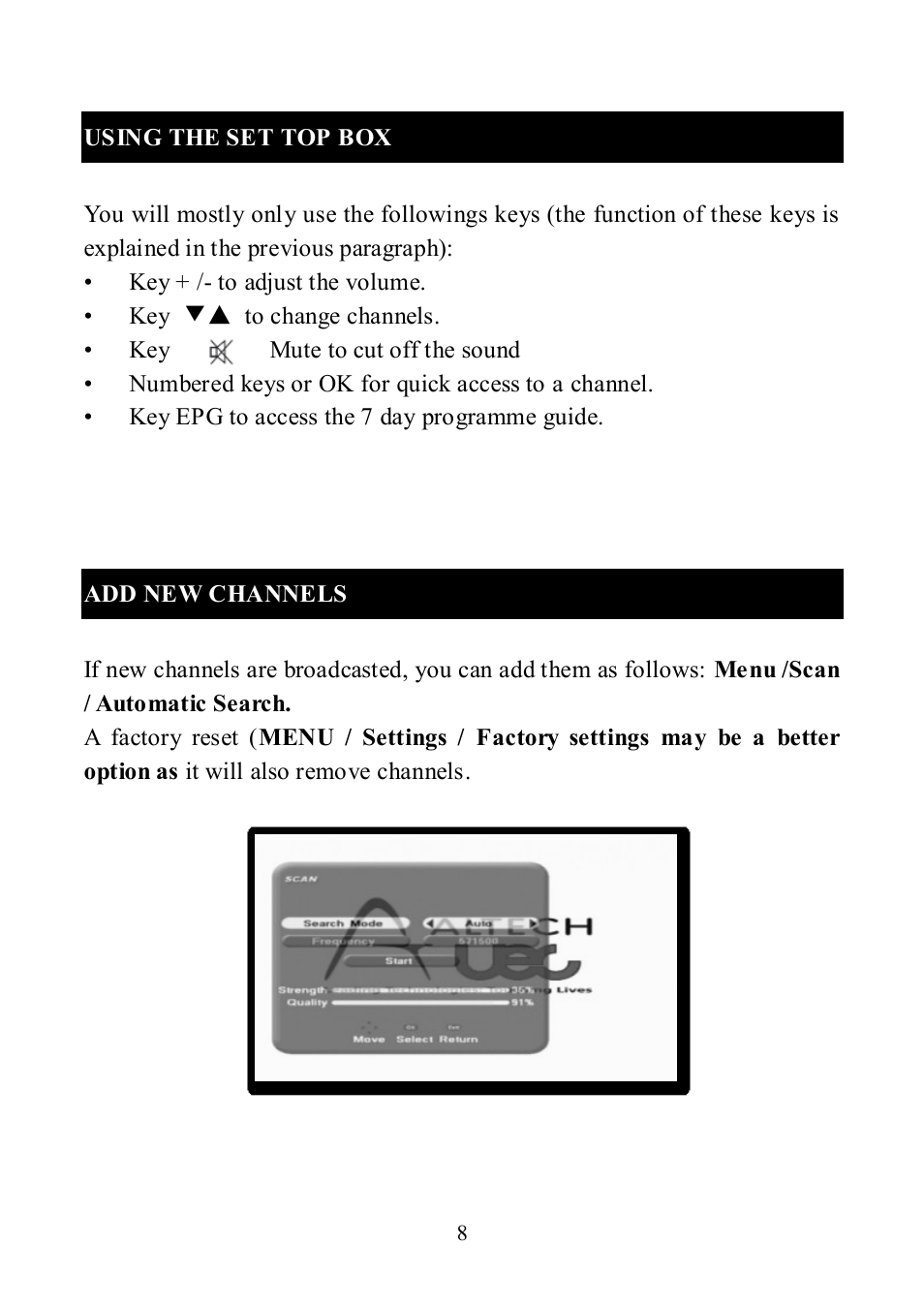 Using the set top box, Add new channels | Altech UEC DT 3900 User Manual | Page 8 / 27