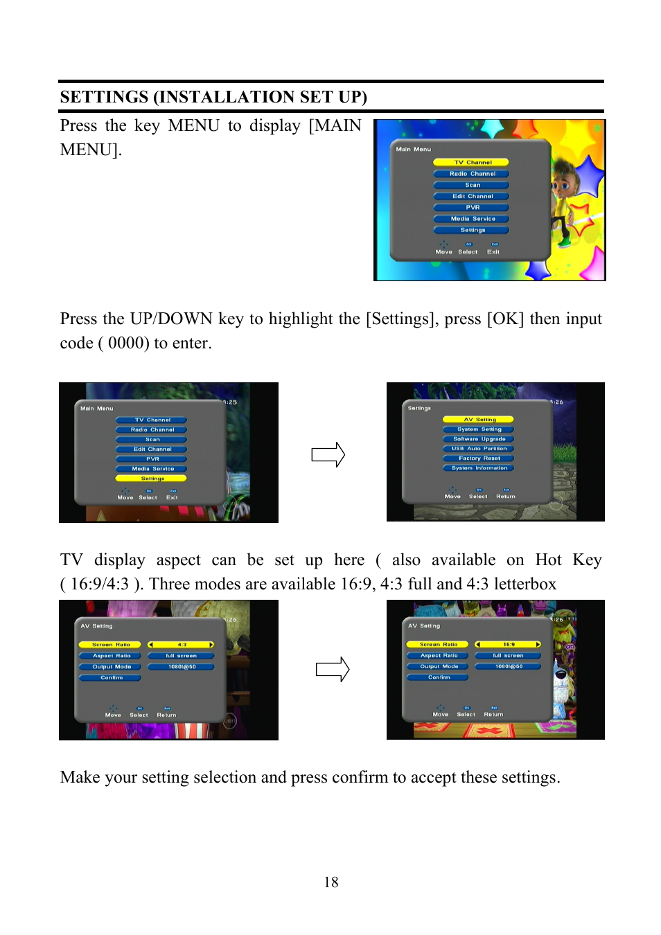 Settings (installation set up) | Altech UEC PVR6690 User Manual | Page 18 / 32