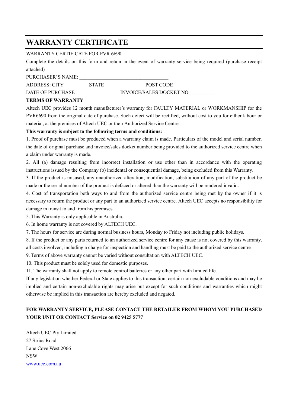 Warranty certificate | Altech UEC PVR6690 User Manual | Page 31 / 32