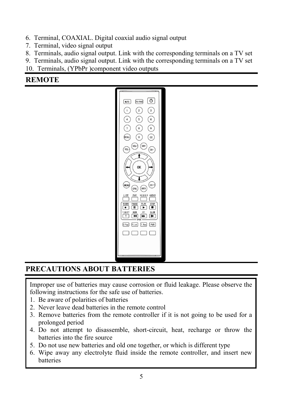 Remote, Precautions about batteries | Altech UEC PVR6690 User Manual | Page 5 / 32