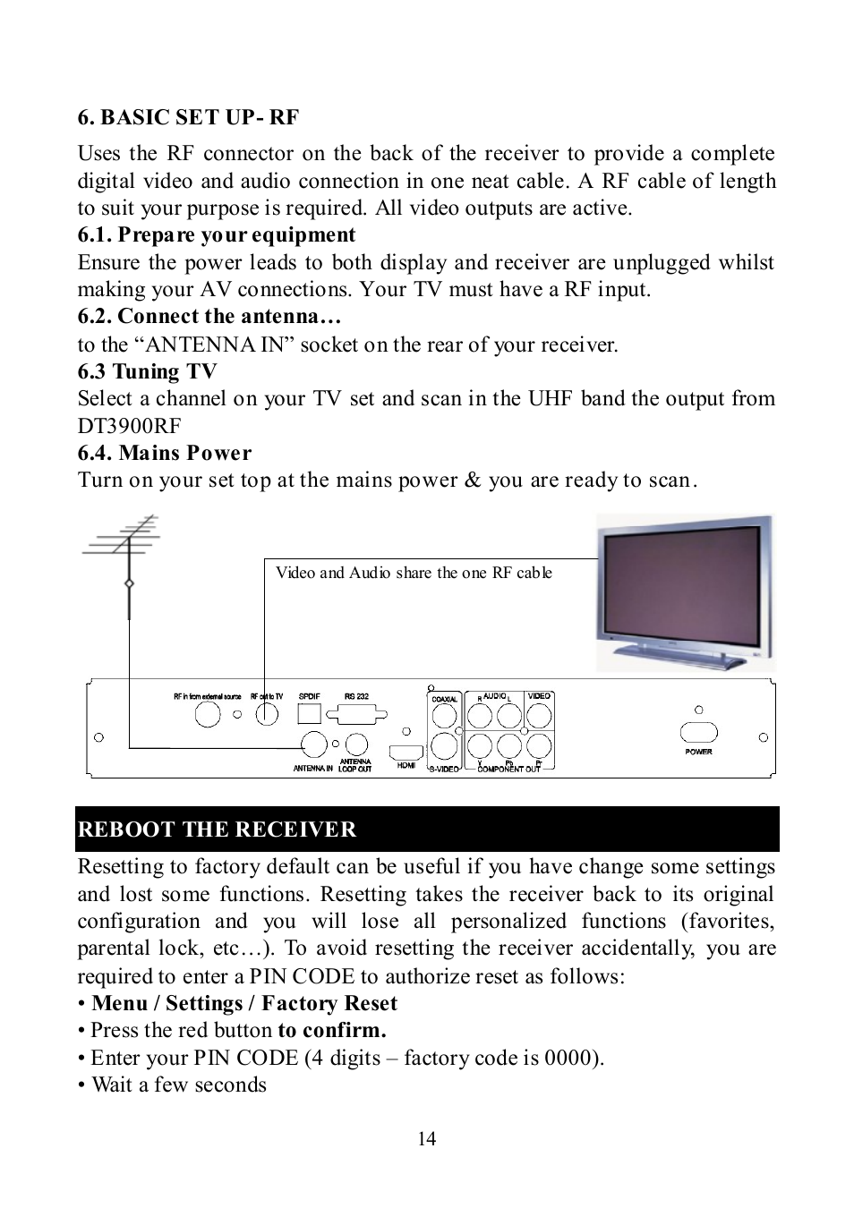 Basic set up- rf, Reboot the receiver | Altech UEC DT 3900RF User Manual | Page 14 / 28