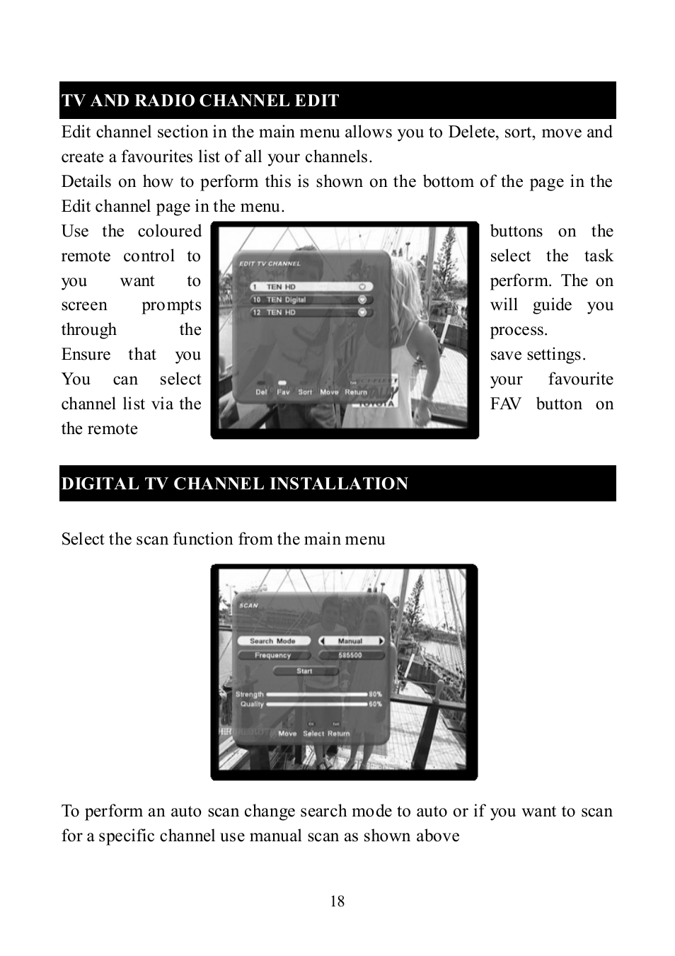 Tv and radio channel edit, Digital tv channel installation | Altech UEC DT 3900RF User Manual | Page 18 / 28