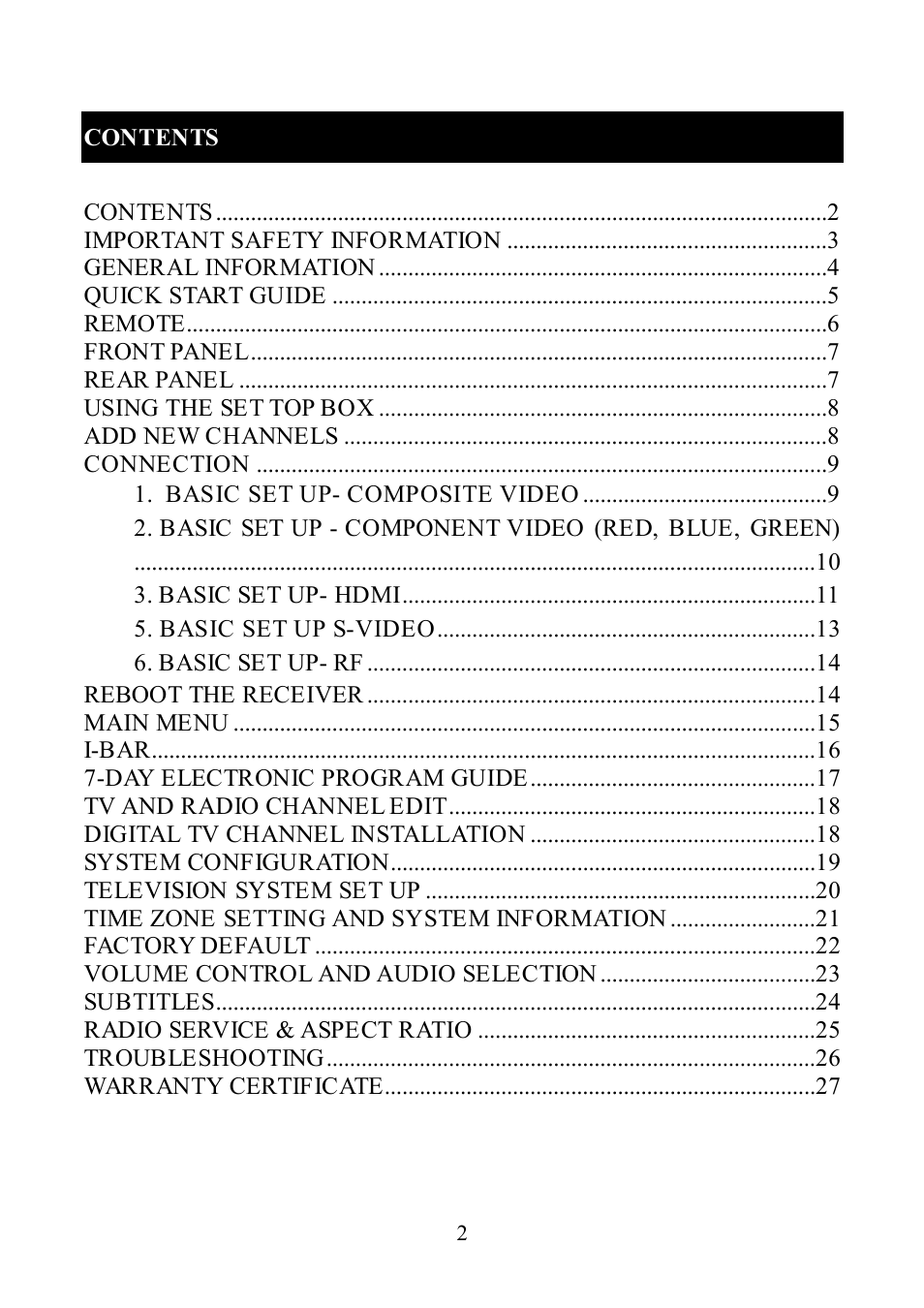 Contents contents, Important safety information, General information | Quick start guide, Remote, Front panel, Rear panel, Using the set top box, Add new channels, Connection | Altech UEC DT 3900RF User Manual | Page 2 / 28