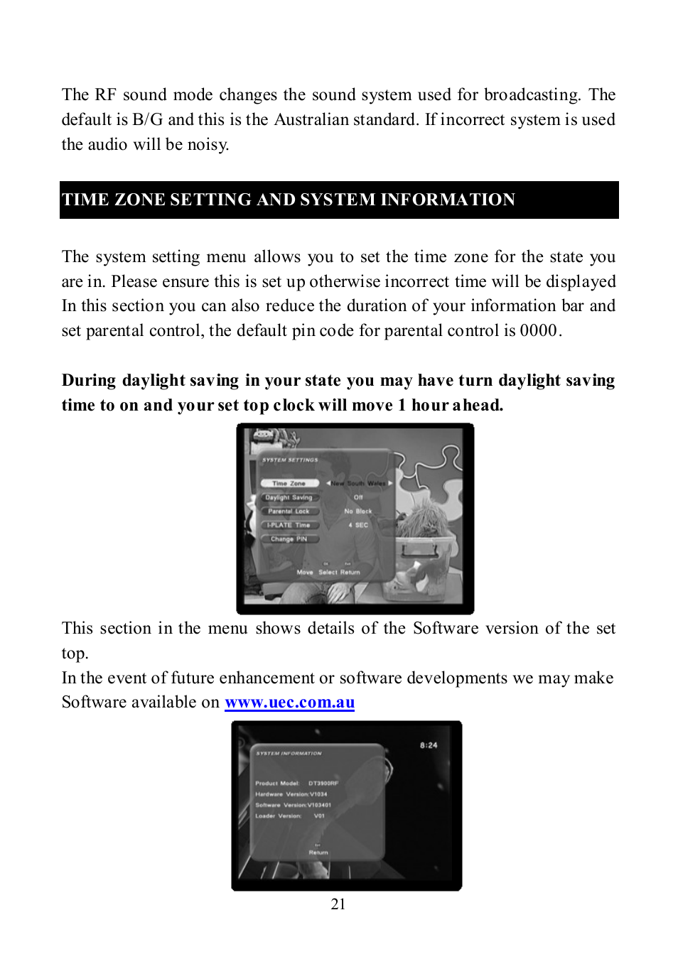Time zone setting and system information | Altech UEC DT 3900RF User Manual | Page 21 / 28