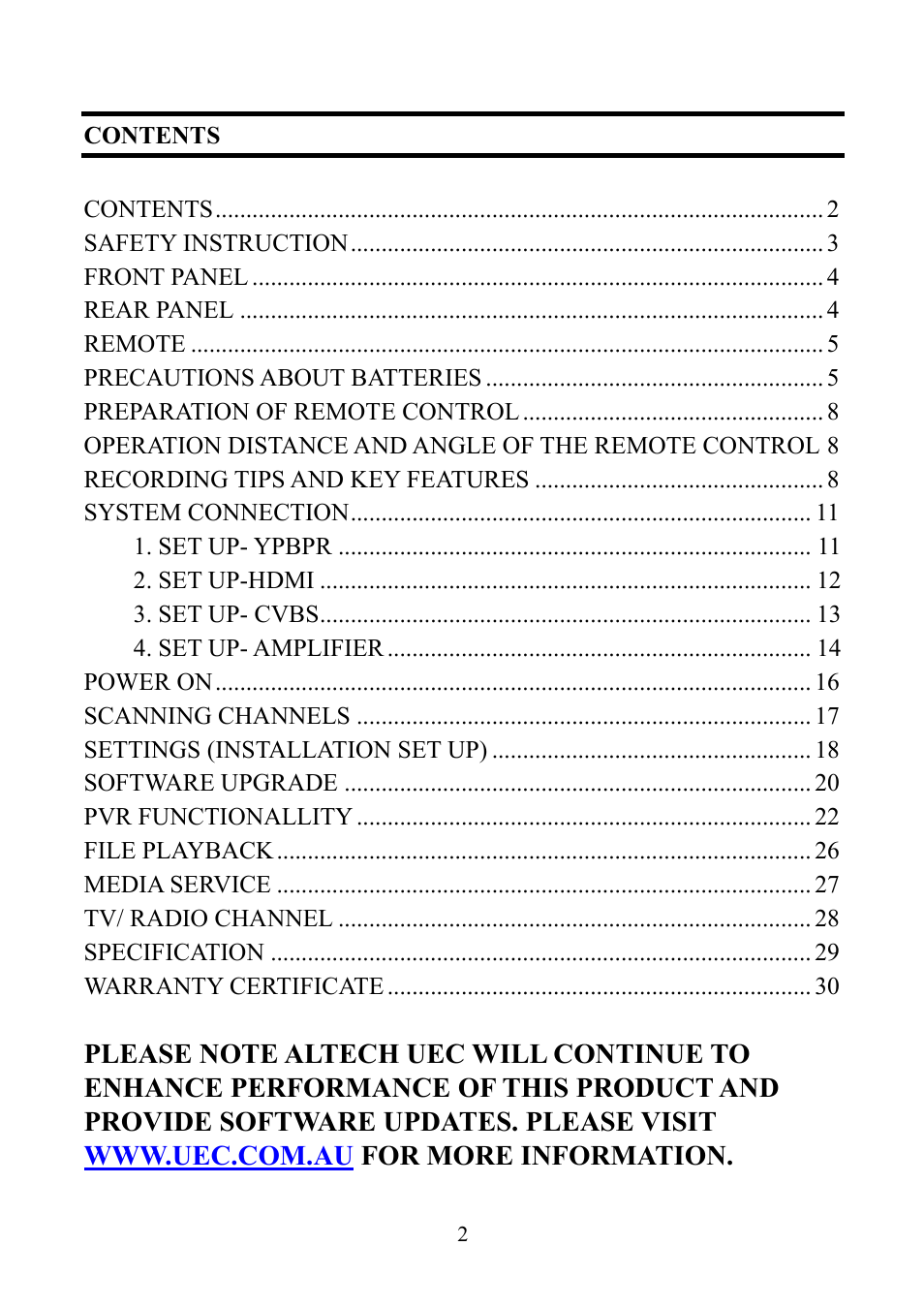 Contents contents, Safety instruction, Front panel | Rear panel, Remote, Precautions about batteries, Preparation of remote control, Recording tips and key features, System connection, Set up- ypbpr | Altech UEC PVR6600 User Manual | Page 2 / 31