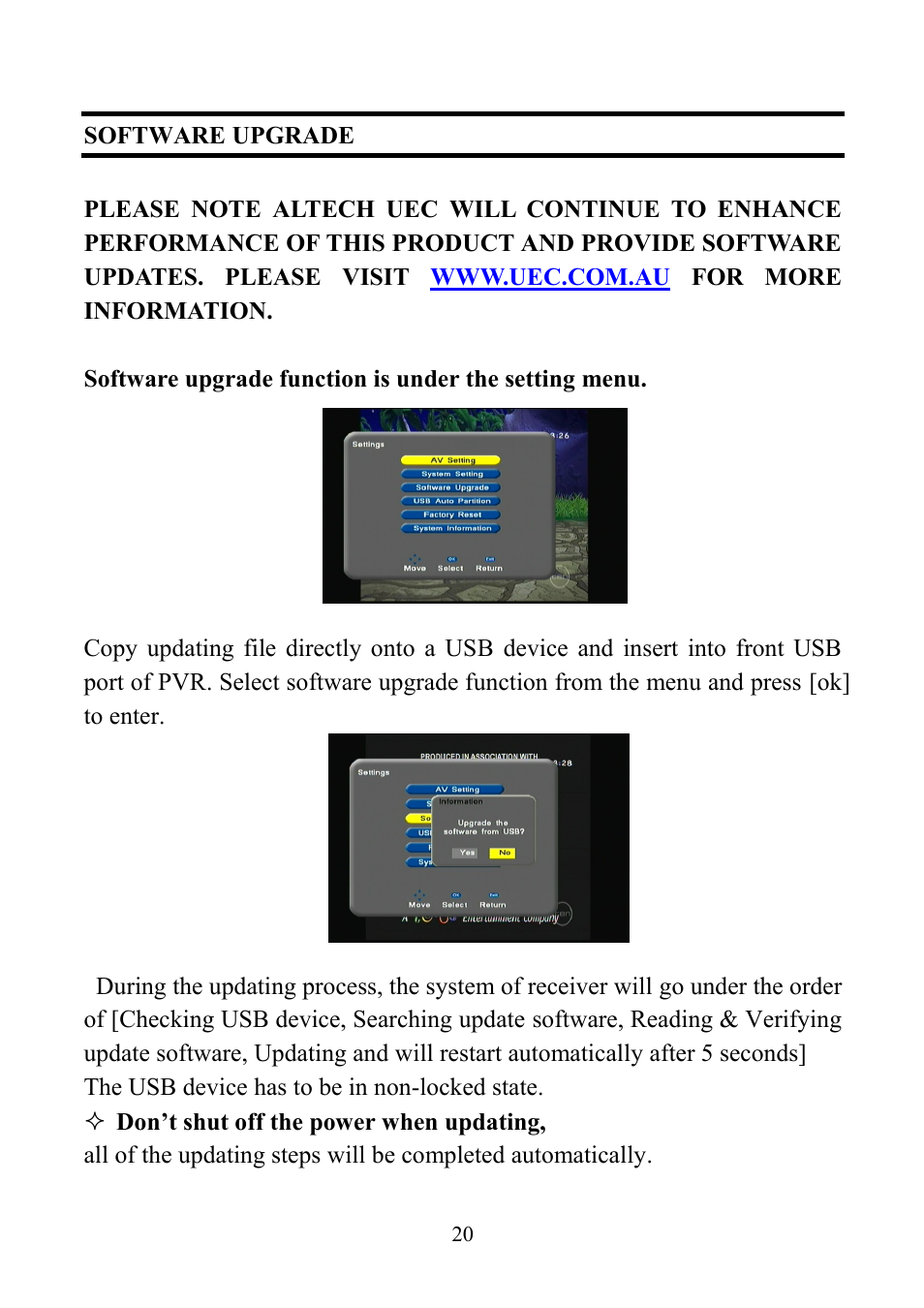 Software upgrade | Altech UEC PVR6600 User Manual | Page 20 / 31
