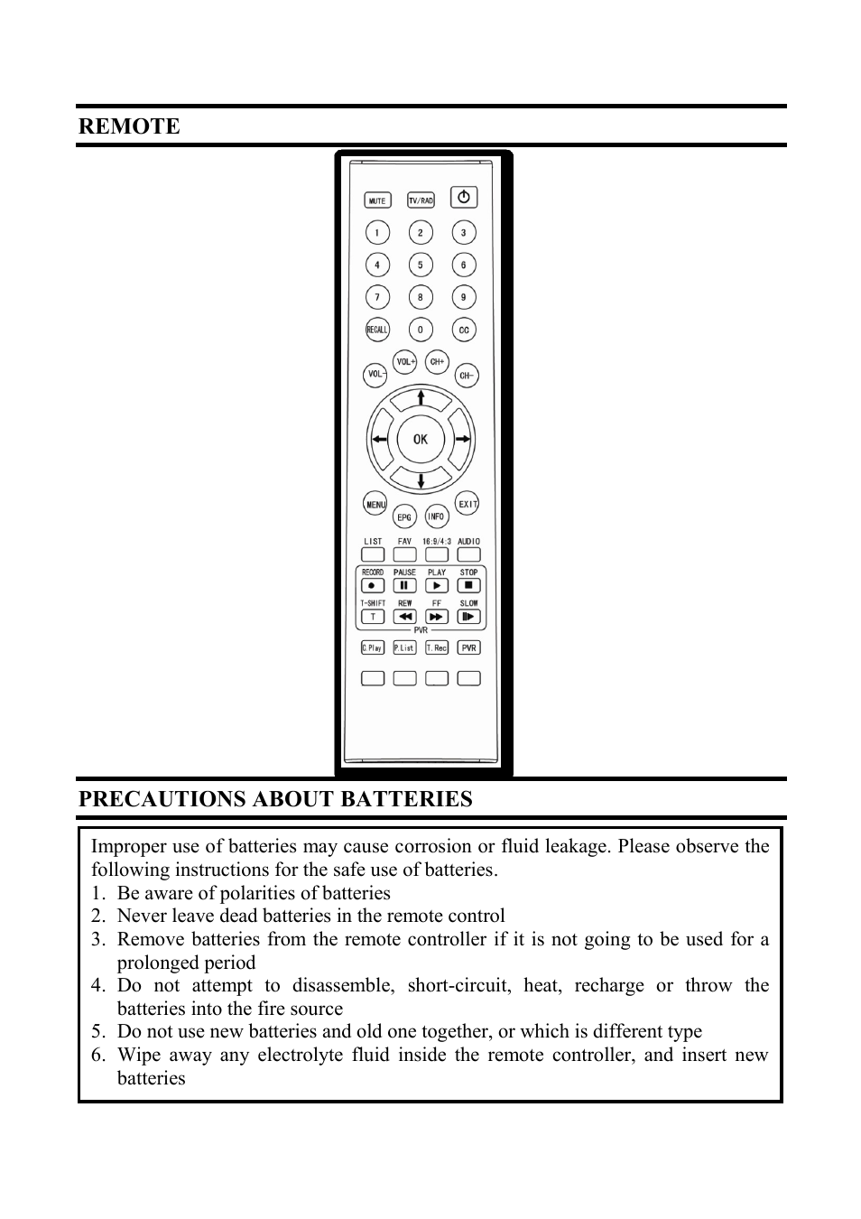 Remote, Precautions about batteries | Altech UEC PVR6600 User Manual | Page 5 / 31