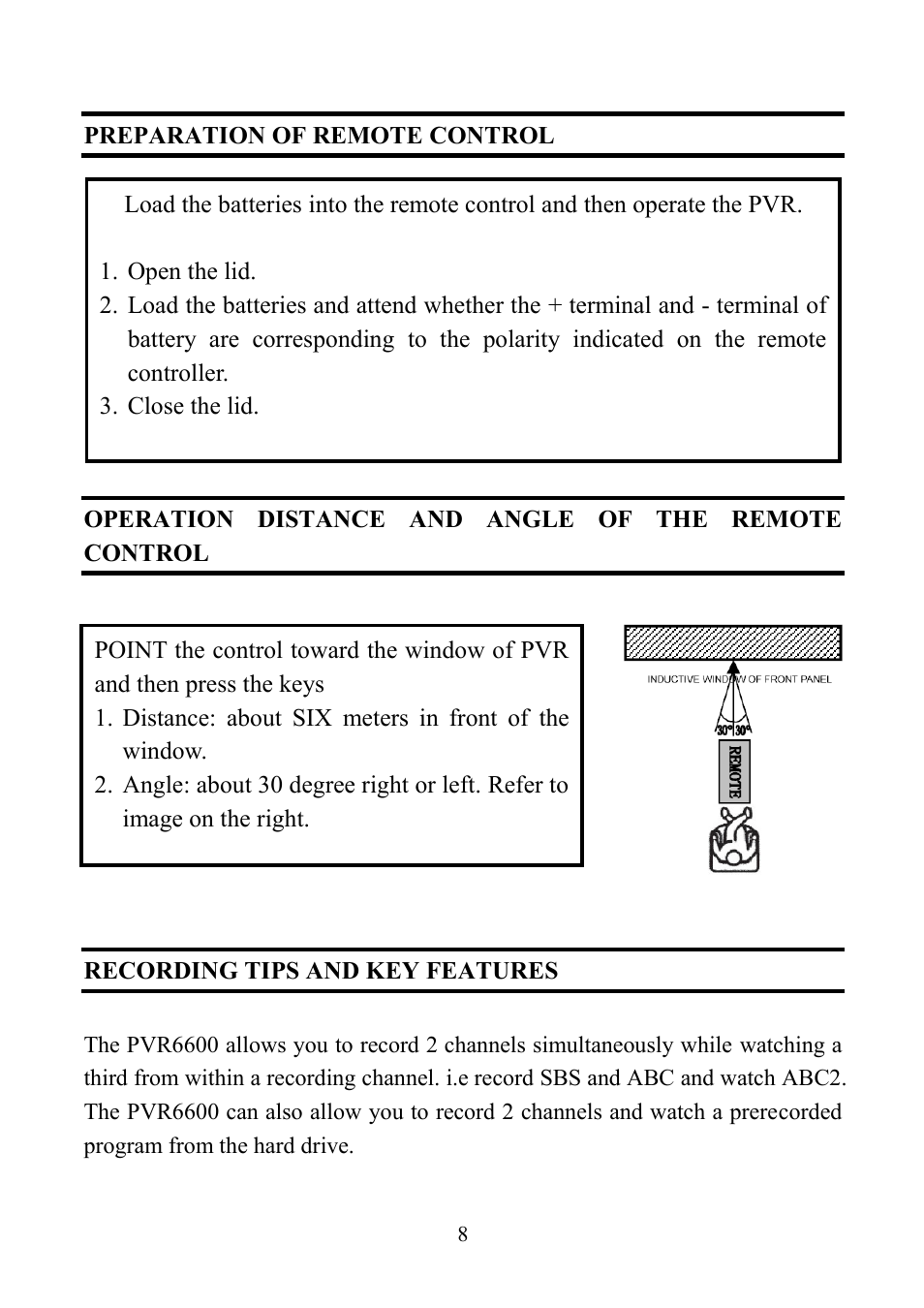 Preparation of remote control, Recording tips and key features | Altech UEC PVR6600 User Manual | Page 8 / 31