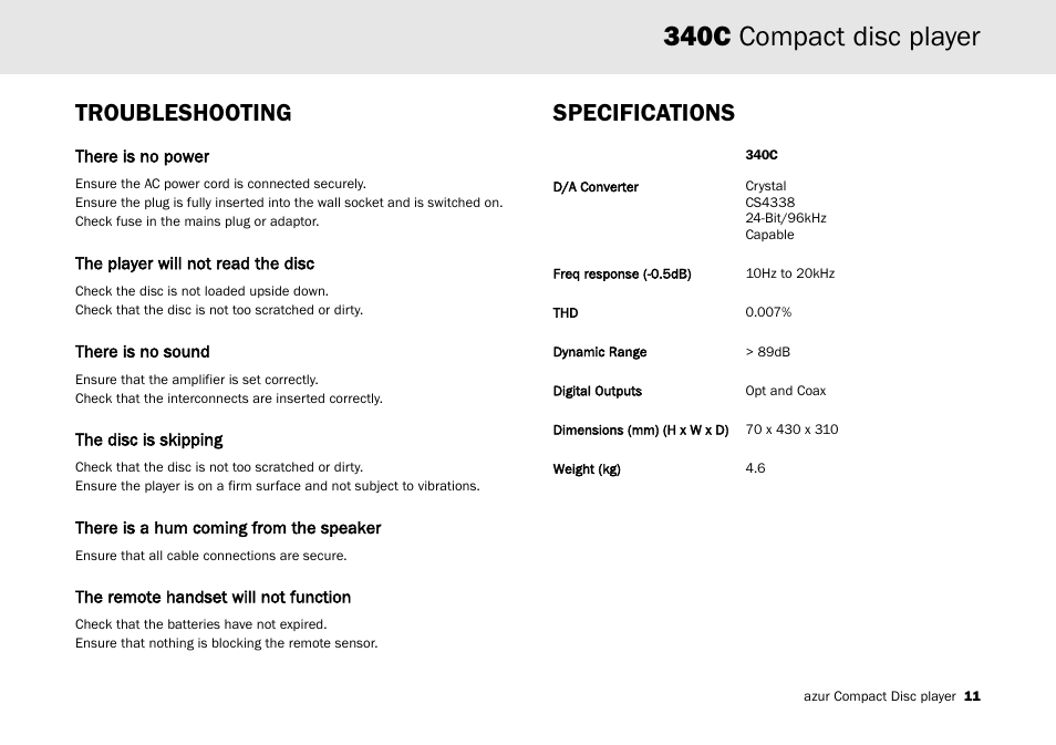 340c compact disc player, Troubleshooting specifications | Cambridge Audio Azur 340C User Manual | Page 11 / 12