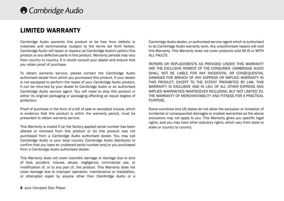 Limited warranty | Cambridge Audio Azur 340C User Manual | Page 2 / 12