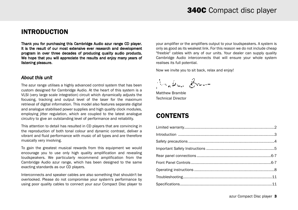340c compact disc player, Introduction contents | Cambridge Audio Azur 340C User Manual | Page 3 / 12