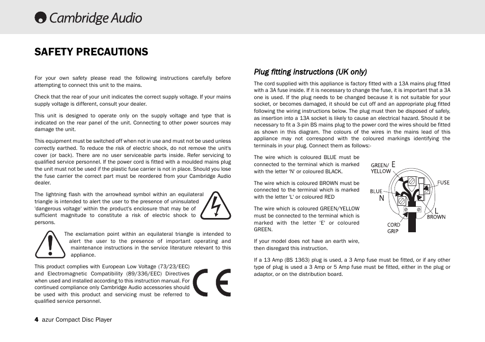 Safety precautions, Plug fitting instructions (uk only) | Cambridge Audio Azur 340C User Manual | Page 4 / 12