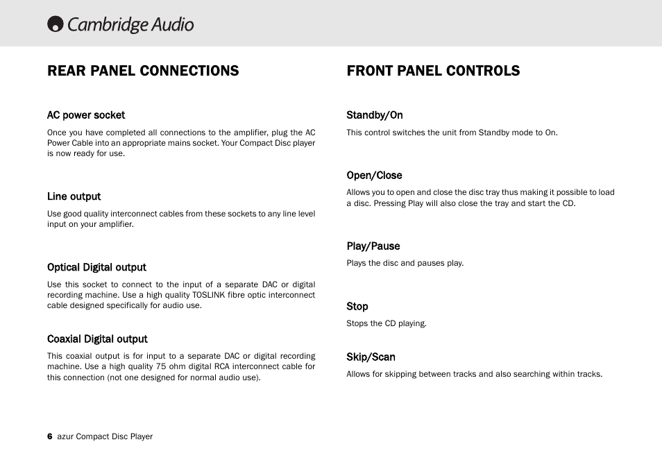 Rear panel connections front panel controls | Cambridge Audio Azur 340C User Manual | Page 6 / 12