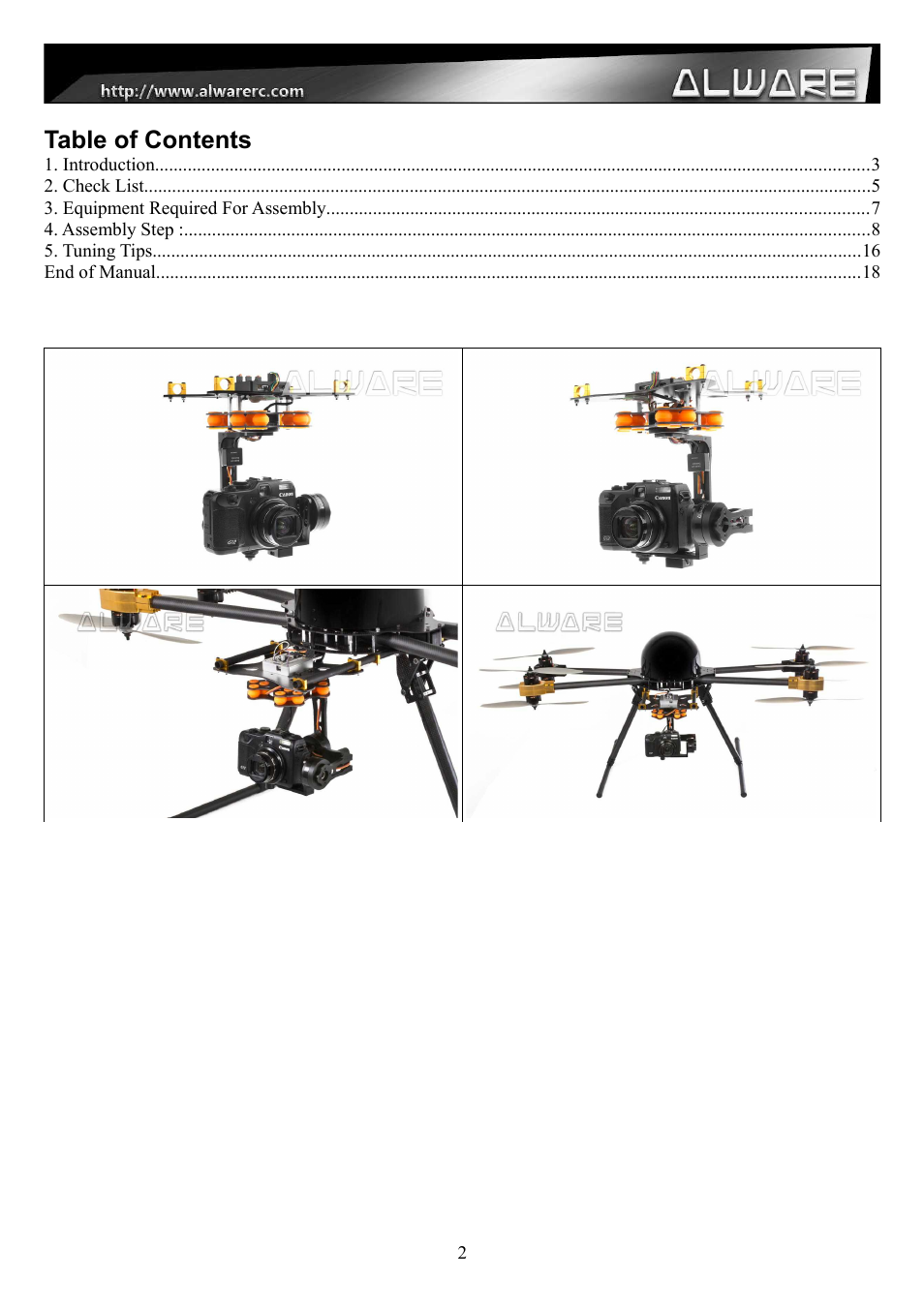 Alwarerc Senrigan GP-55 3-Axis Brushless Gimbal V2 With Bluetooth (For 600 -1000 Size Multicopter) User Manual | Page 2 / 18