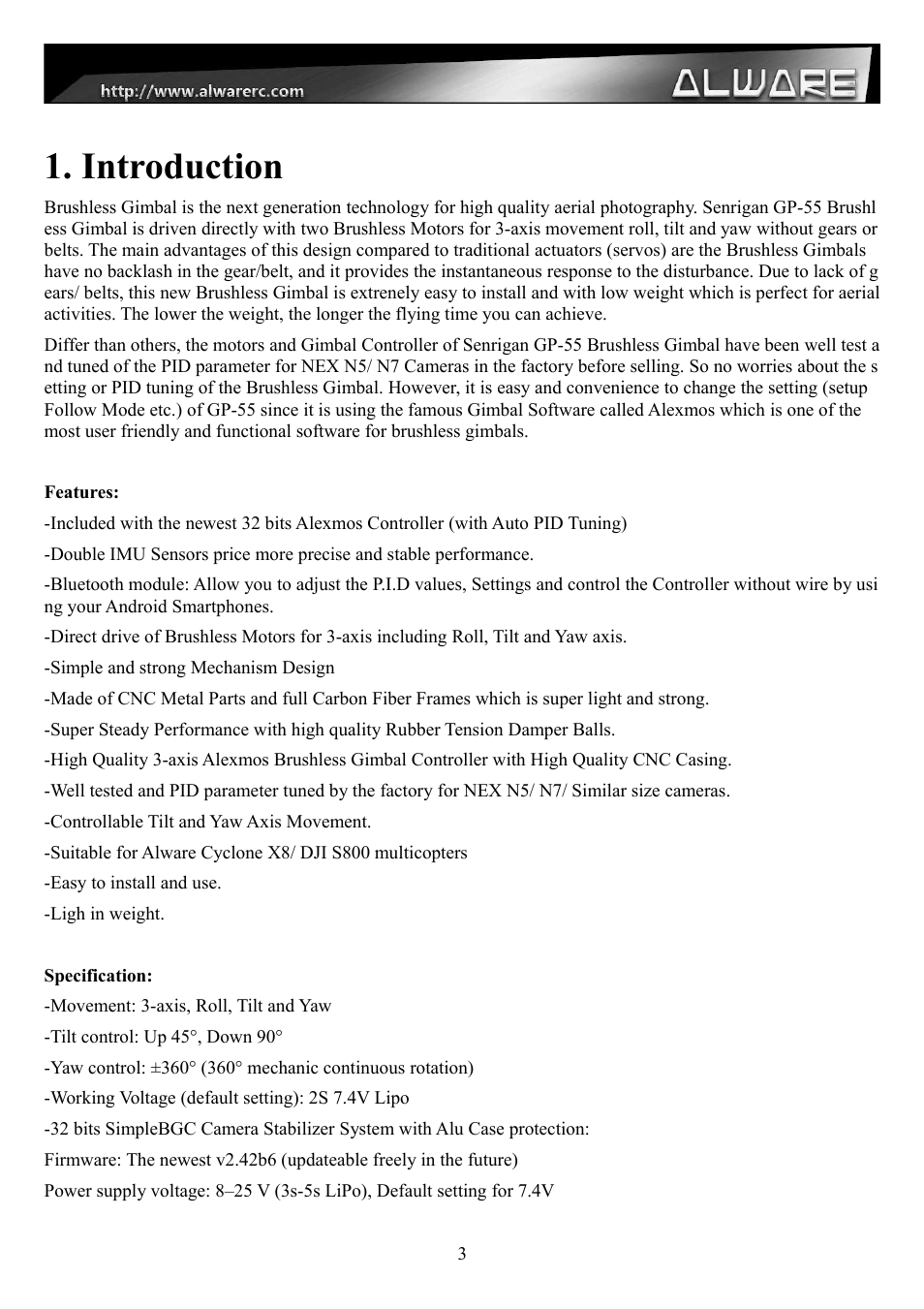 Introduction | Alwarerc Senrigan GP-55 3-Axis Brushless Gimbal V2 With Bluetooth (For 600 -1000 Size Multicopter) User Manual | Page 3 / 18