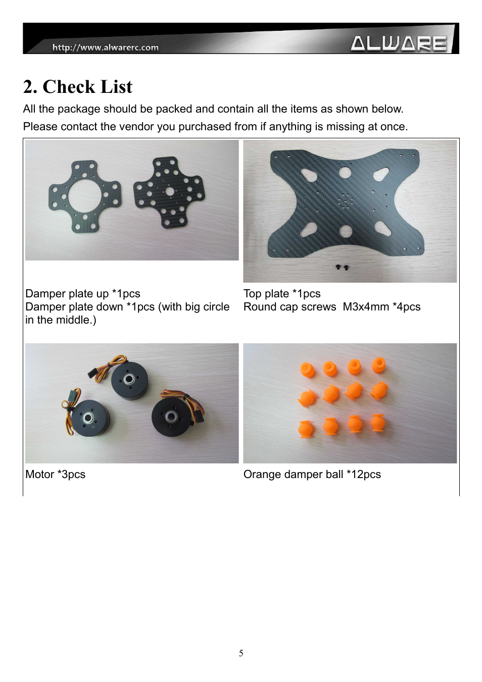 Check list | Alwarerc Senrigan GP-55 3-Axis Brushless Gimbal V2 With Bluetooth (For 600 -1000 Size Multicopter) User Manual | Page 5 / 18