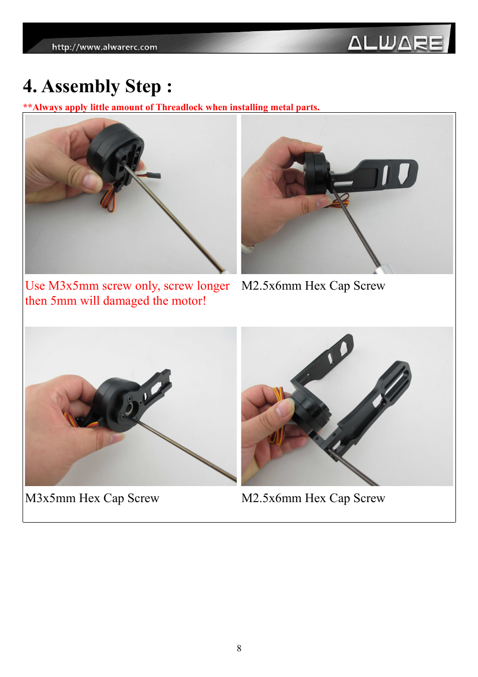 Assembly step | Alwarerc Senrigan GP-55 3-Axis Brushless Gimbal V2 With Bluetooth (For 600 -1000 Size Multicopter) User Manual | Page 8 / 18