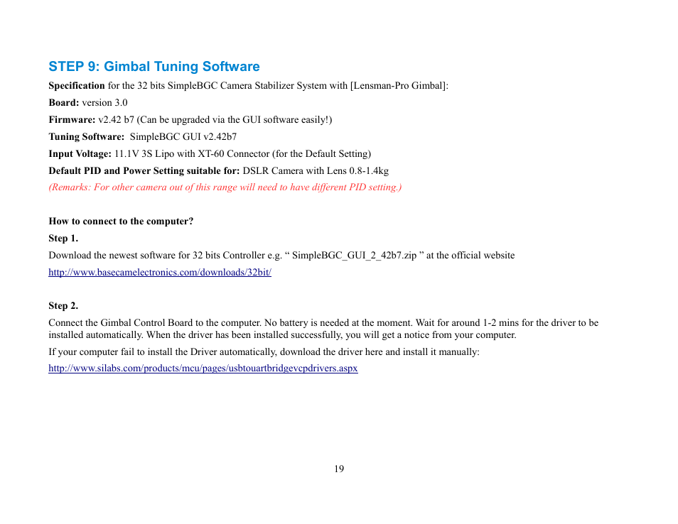 Step 9: gimbal tuning software | Alwarerc Lensman-Pro 3 Axis DSLR Brushless Gimbal (For Handheld/ DJIS800/ 1000) User Manual | Page 19 / 23