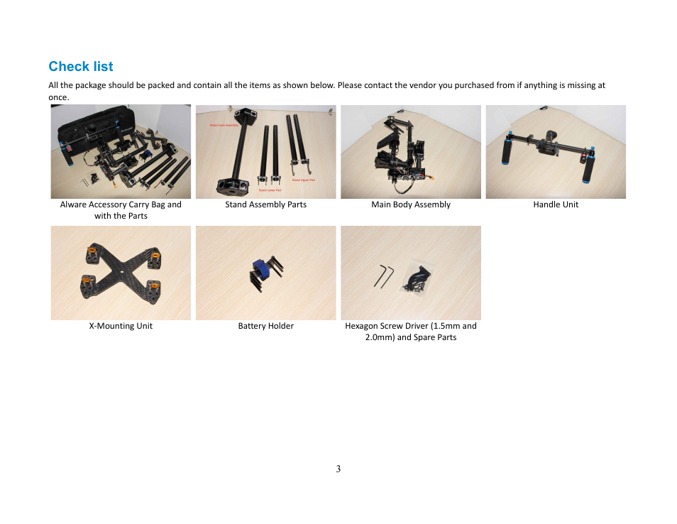 Check list | Alwarerc Lensman-Pro 3 Axis DSLR Brushless Gimbal (For Handheld/ DJIS800/ 1000) User Manual | Page 3 / 23