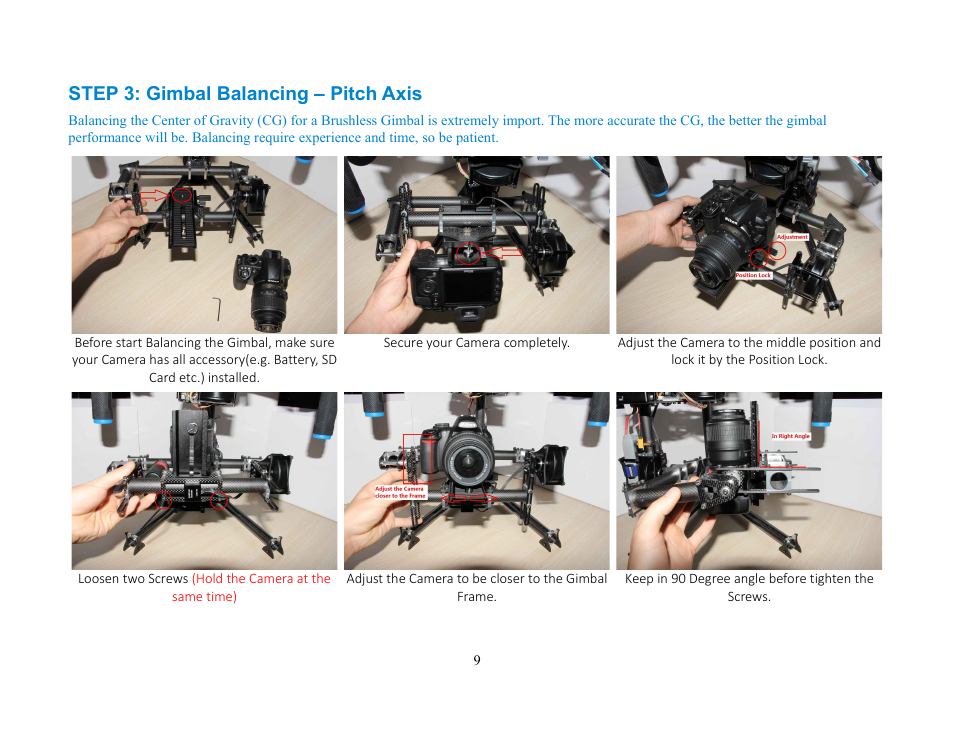 Step 3: gimbal balancing – pitch axis | Alwarerc Lensman-Pro 3 Axis DSLR Brushless Gimbal (For Handheld/ DJIS800/ 1000) User Manual | Page 9 / 23