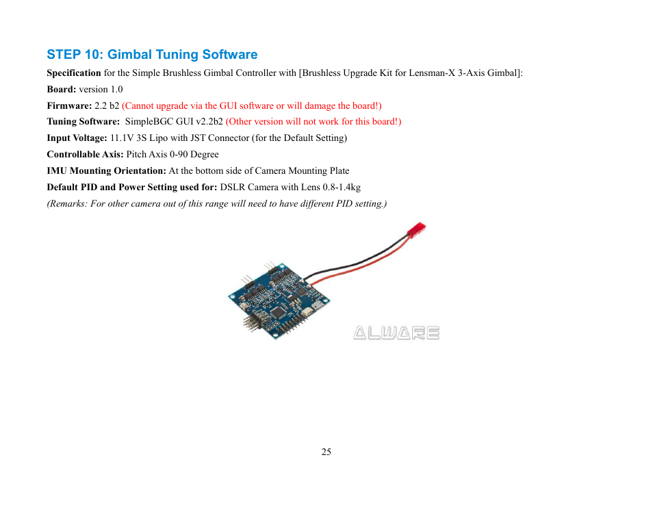 Step 10: gimbal tuning software | Alwarerc Brushless Upgrade Kit for Lensman-X 3-Axis Gimbal User Manual | Page 25 / 28