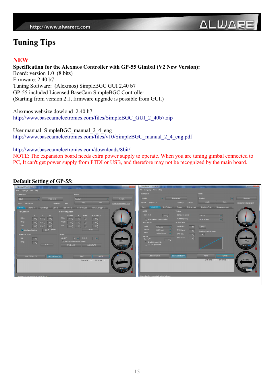 Tuning tips | Alwarerc Senrigan GP-55 3-Axis Brushless Gimbal (For 600 -1000 Size Multicopter) User Manual | Page 15 / 19