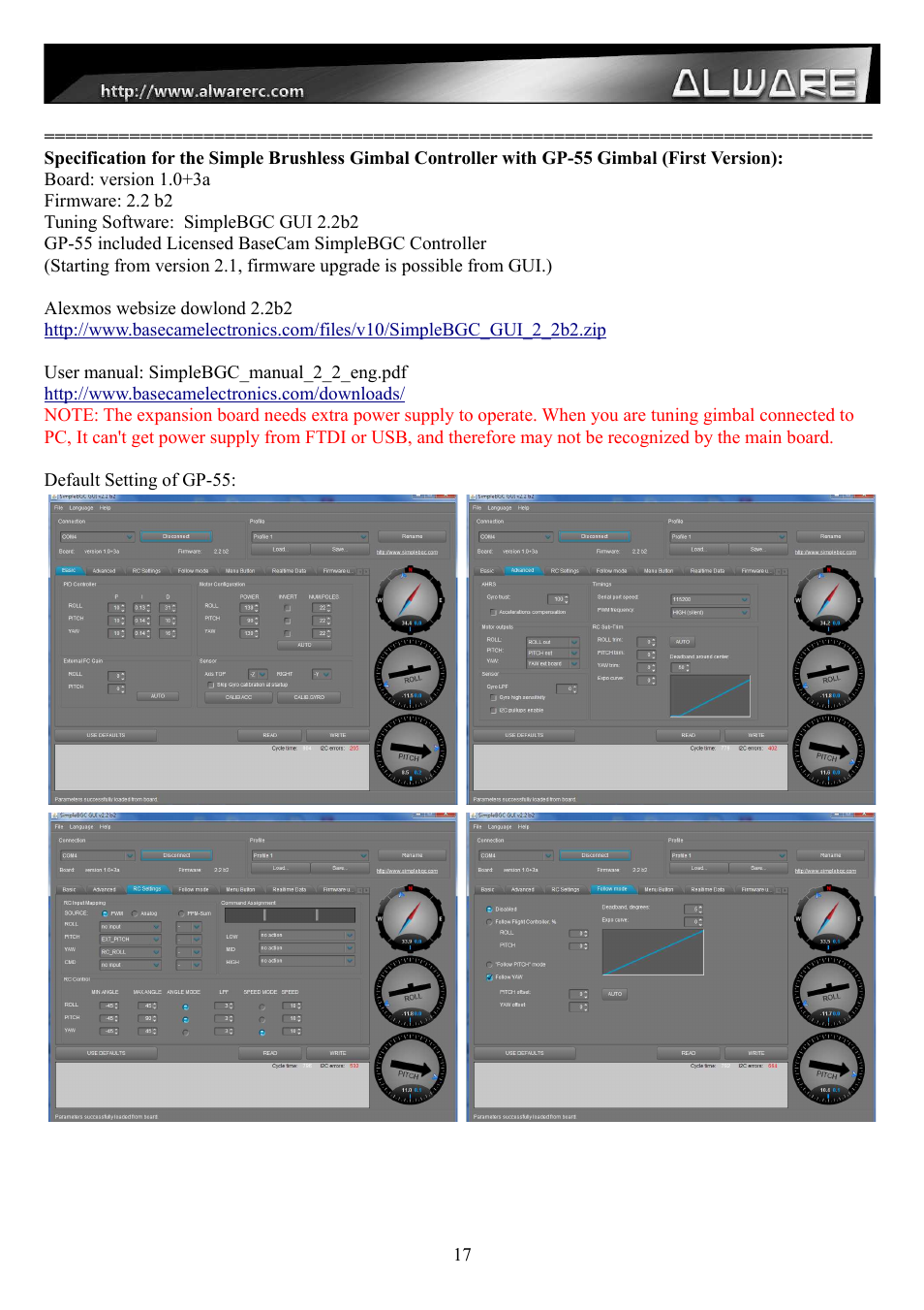 Alwarerc Senrigan GP-55 3-Axis Brushless Gimbal (For 600 -1000 Size Multicopter) User Manual | Page 17 / 19