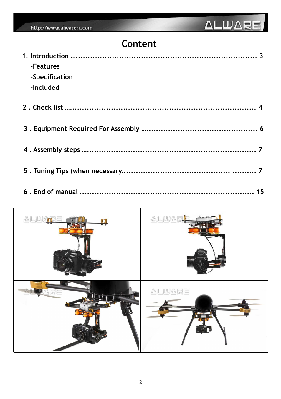 Content | Alwarerc Senrigan GP-55 3-Axis Brushless Gimbal (For 600 -1000 Size Multicopter) User Manual | Page 2 / 19