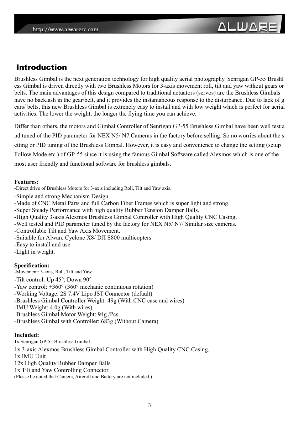 Introduction | Alwarerc Senrigan GP-55 3-Axis Brushless Gimbal (For 600 -1000 Size Multicopter) User Manual | Page 3 / 19