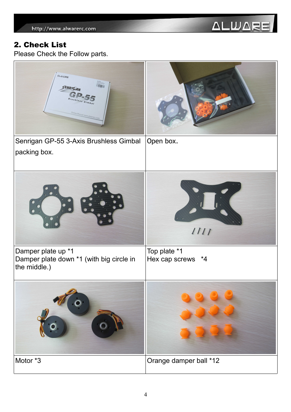 Alwarerc Senrigan GP-55 3-Axis Brushless Gimbal (For 600 -1000 Size Multicopter) User Manual | Page 4 / 19