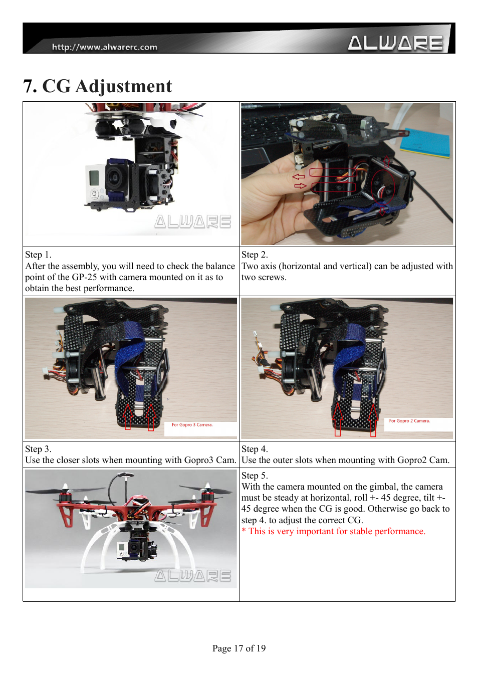 Cg adjustment | Alwarerc Senrigan GP-25 Lite Brushless Gimbal User Manual | Page 17 / 19