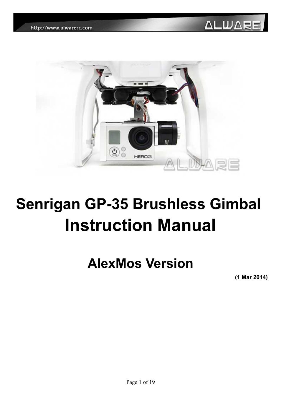 Alwarerc Senrigan GP-35 Brushless Gimbal For DJI Phantom 1/2 User Manual | 21 pages