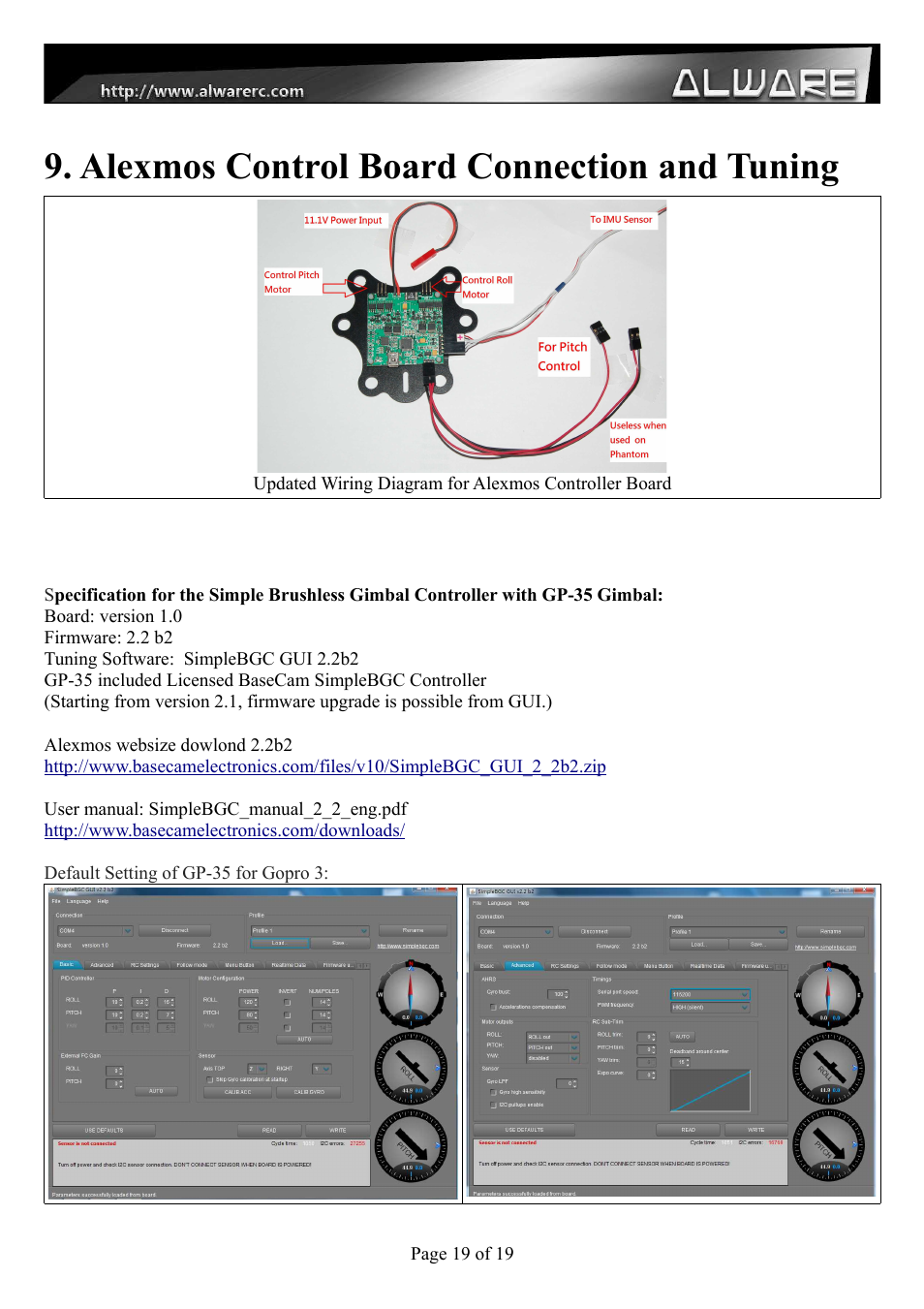Alexmos control board connection and tuning | Alwarerc Senrigan GP-35 Brushless Gimbal For DJI Phantom 1/2 User Manual | Page 19 / 21