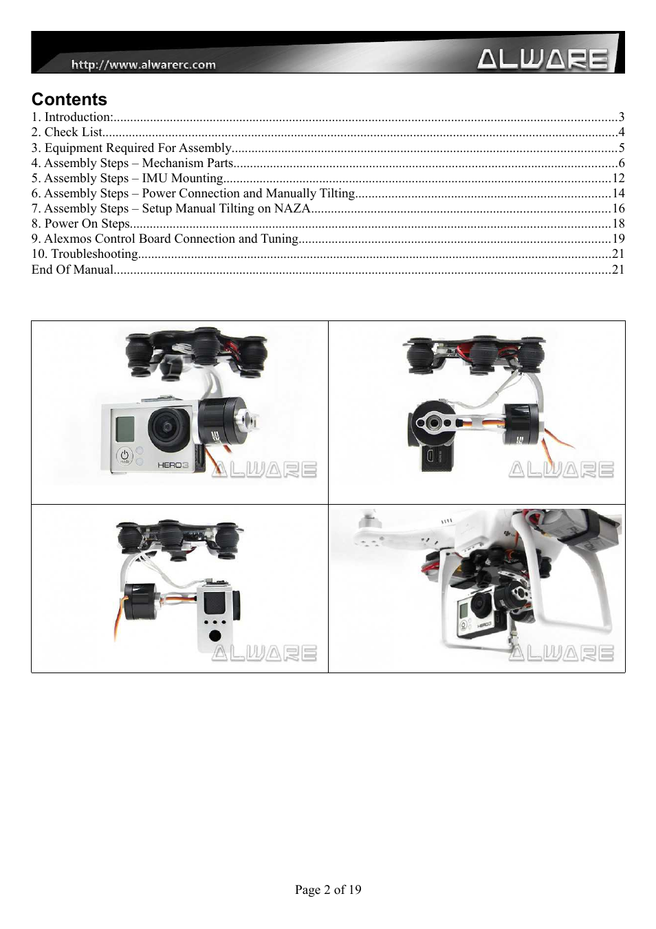 Alwarerc Senrigan GP-35 Brushless Gimbal For DJI Phantom 1/2 User Manual | Page 2 / 21