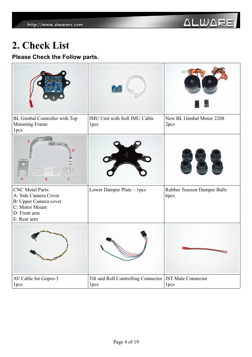 Check list | Alwarerc Senrigan GP-35 Brushless Gimbal For DJI Phantom 1/2 User Manual | Page 4 / 21