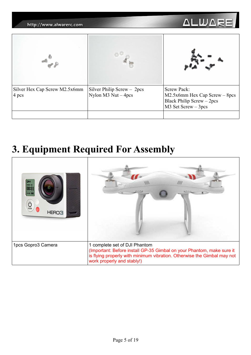 Equipment required for assembly | Alwarerc Senrigan GP-35 Brushless Gimbal For DJI Phantom 1/2 User Manual | Page 5 / 21