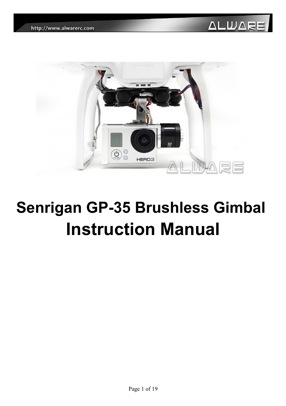 Alwarerc Senrigan GP-35 Brushless Gimbal For DJI Phantom 1/2 User Manual | 19 pages