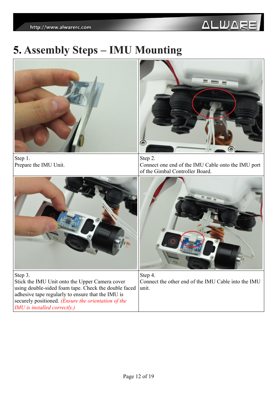 Assembly steps – imu mounting | Alwarerc Senrigan GP-35 Brushless Gimbal For DJI Phantom 1/2 User Manual | Page 12 / 19