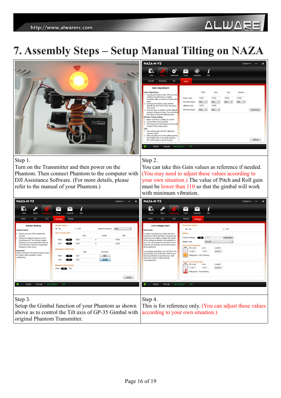 Assembly steps – setup manual tilting on naza | Alwarerc Senrigan GP-35 Brushless Gimbal For DJI Phantom 1/2 User Manual | Page 16 / 19