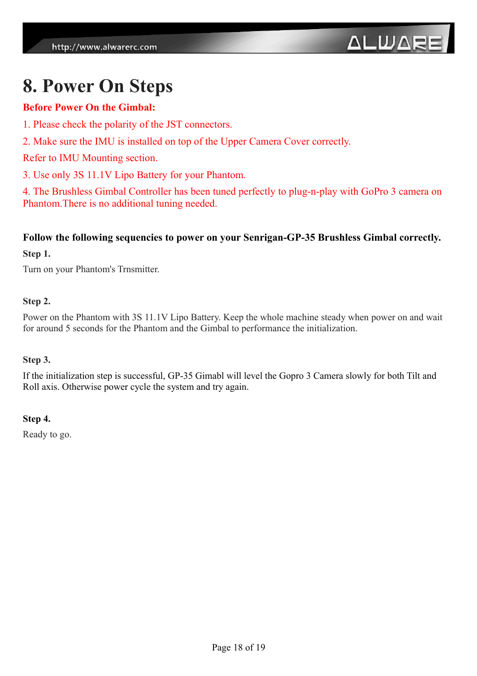 Power on steps | Alwarerc Senrigan GP-35 Brushless Gimbal For DJI Phantom 1/2 User Manual | Page 18 / 19