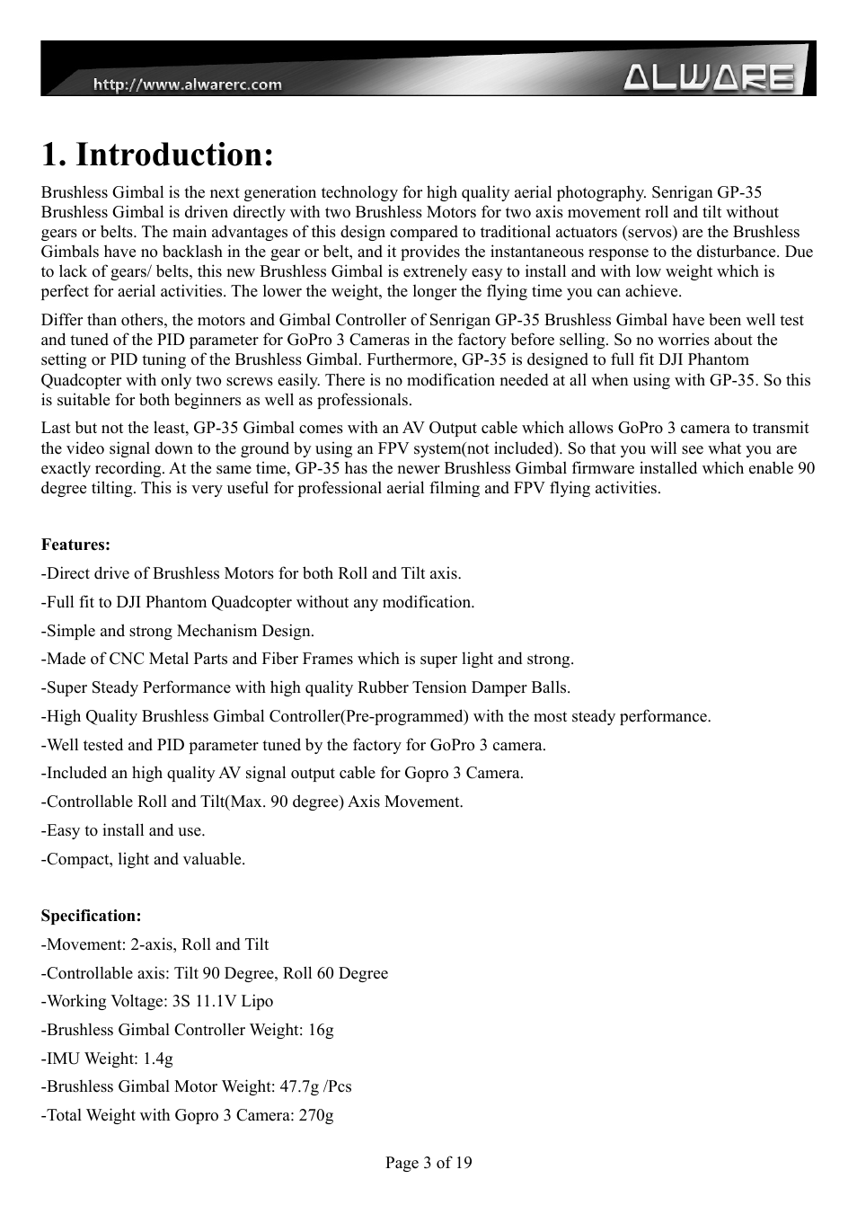 Introduction | Alwarerc Senrigan GP-35 Brushless Gimbal For DJI Phantom 1/2 User Manual | Page 3 / 19