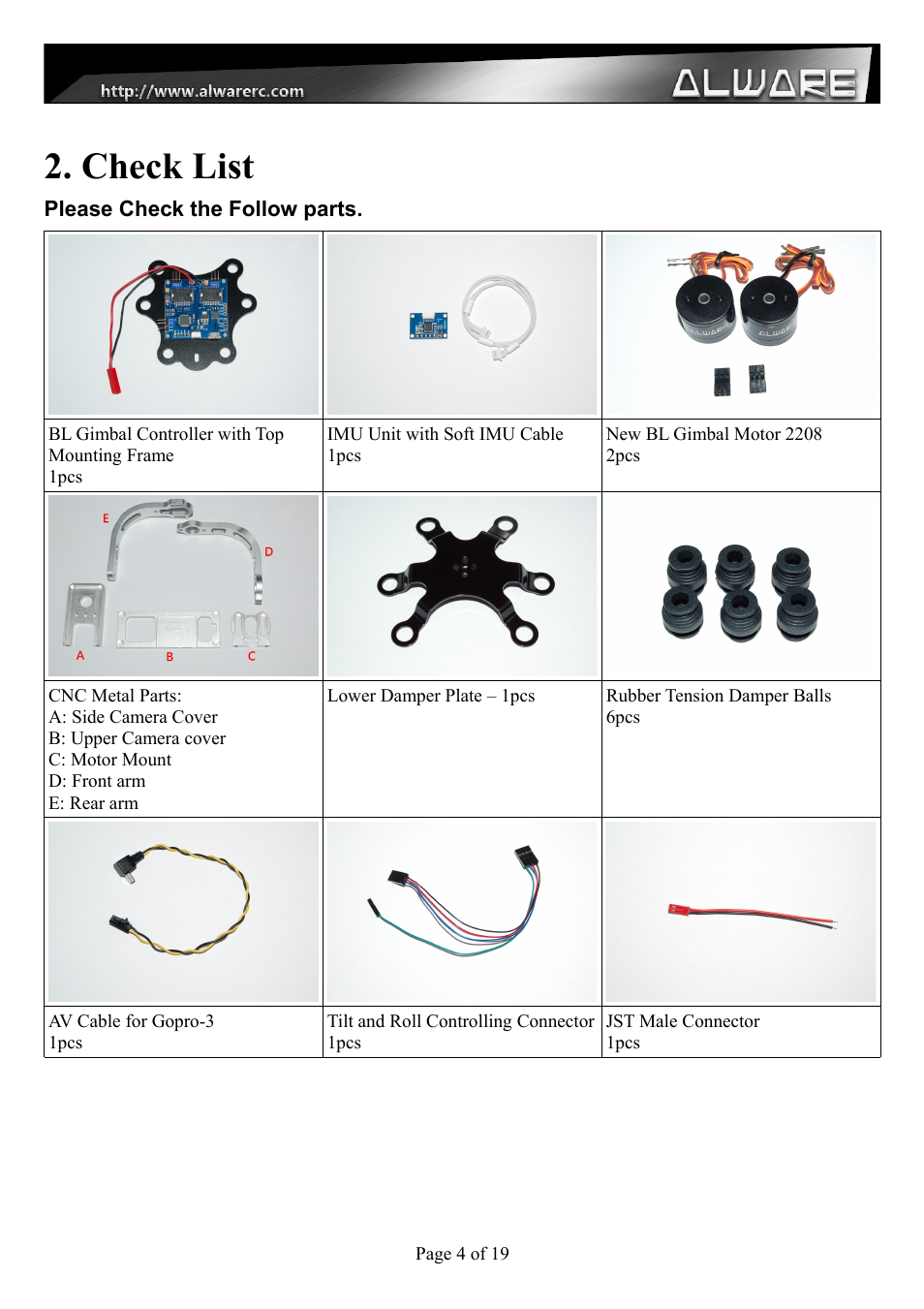 Check list | Alwarerc Senrigan GP-35 Brushless Gimbal For DJI Phantom 1/2 User Manual | Page 4 / 19