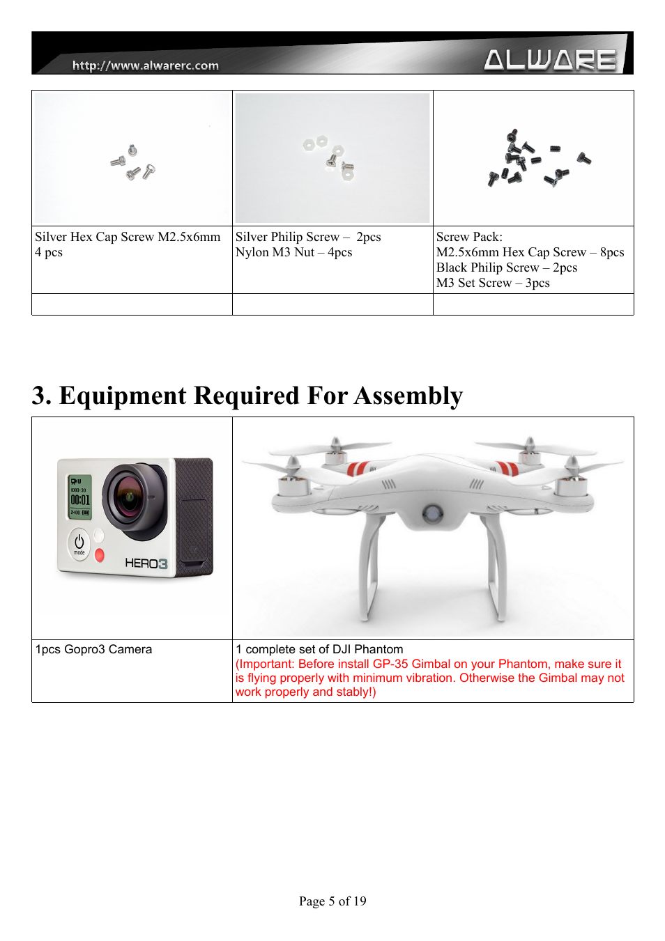 Equipment required for assembly | Alwarerc Senrigan GP-35 Brushless Gimbal For DJI Phantom 1/2 User Manual | Page 5 / 19