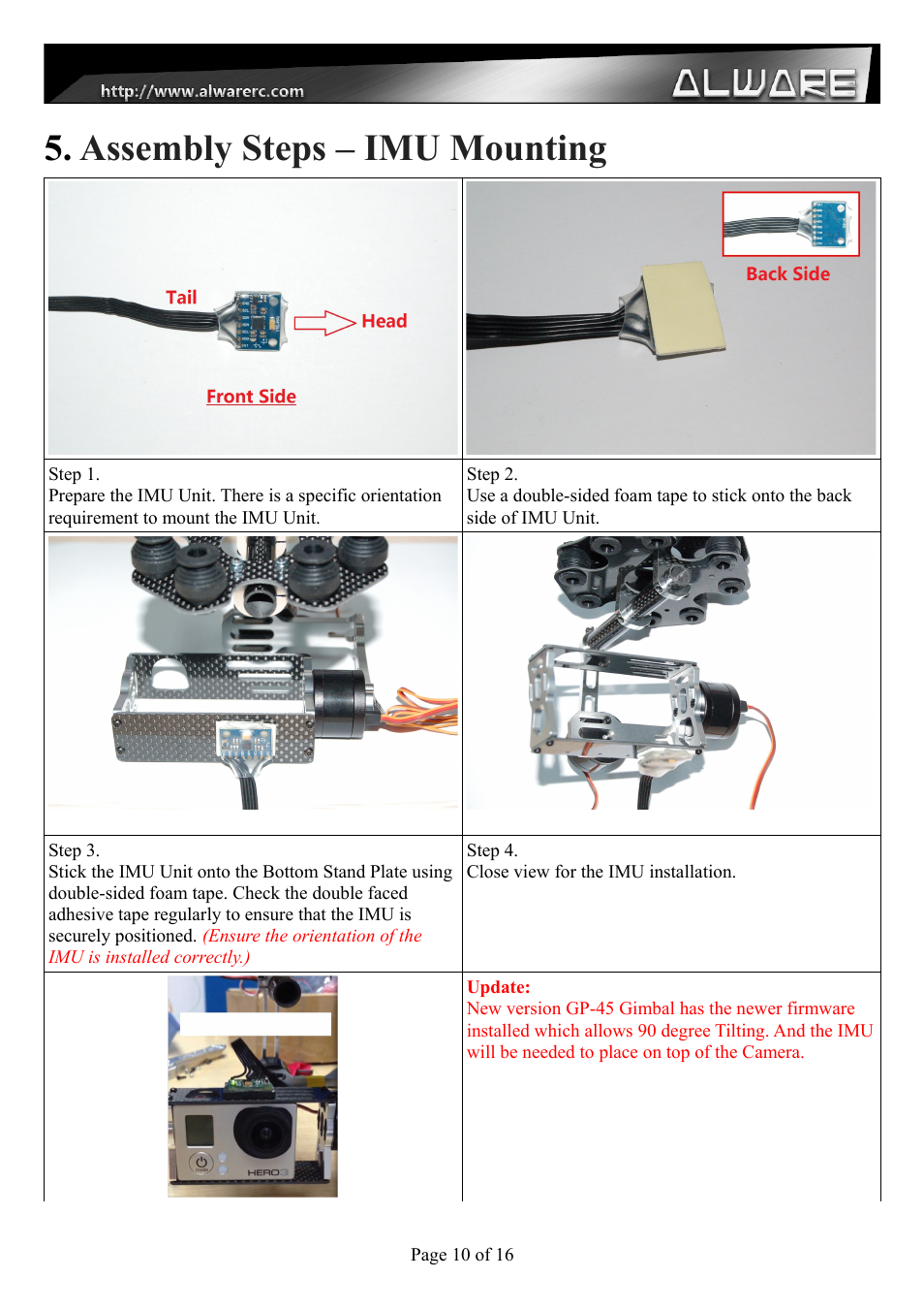 Assembly steps – imu mounting | Alwarerc Senrigan GP-45 Brushless Gimbal With Advanced Landing Gear User Manual | Page 10 / 17