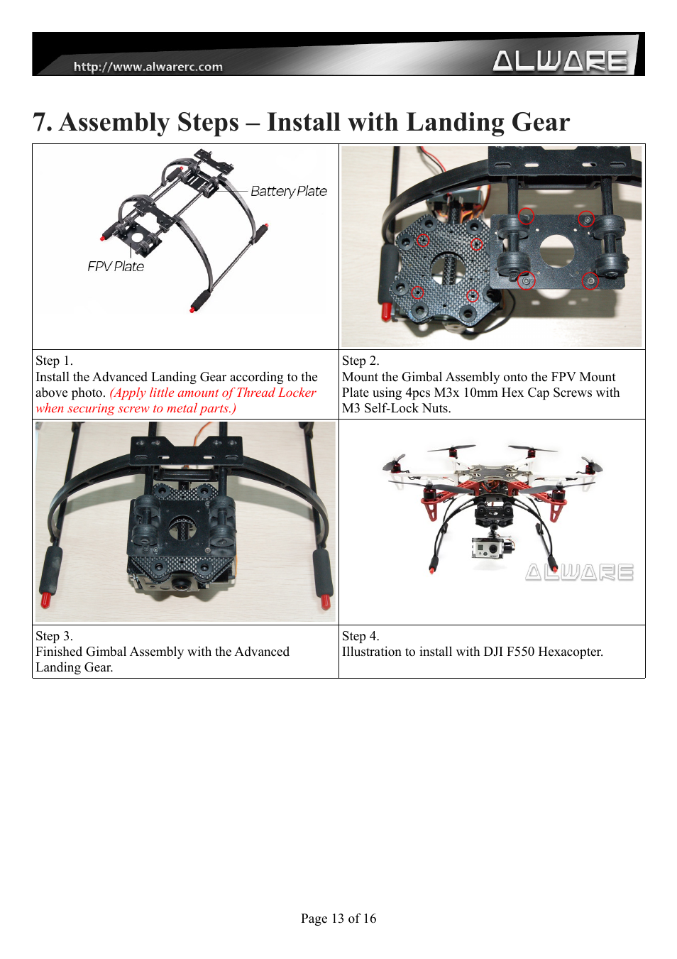 Assembly steps – install with landing gear | Alwarerc Senrigan GP-45 Brushless Gimbal With Advanced Landing Gear User Manual | Page 13 / 17